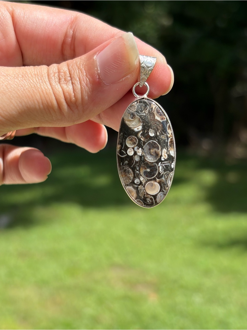 Turritella Fossil Shell Oval Pendant in .925 Sterling Silver